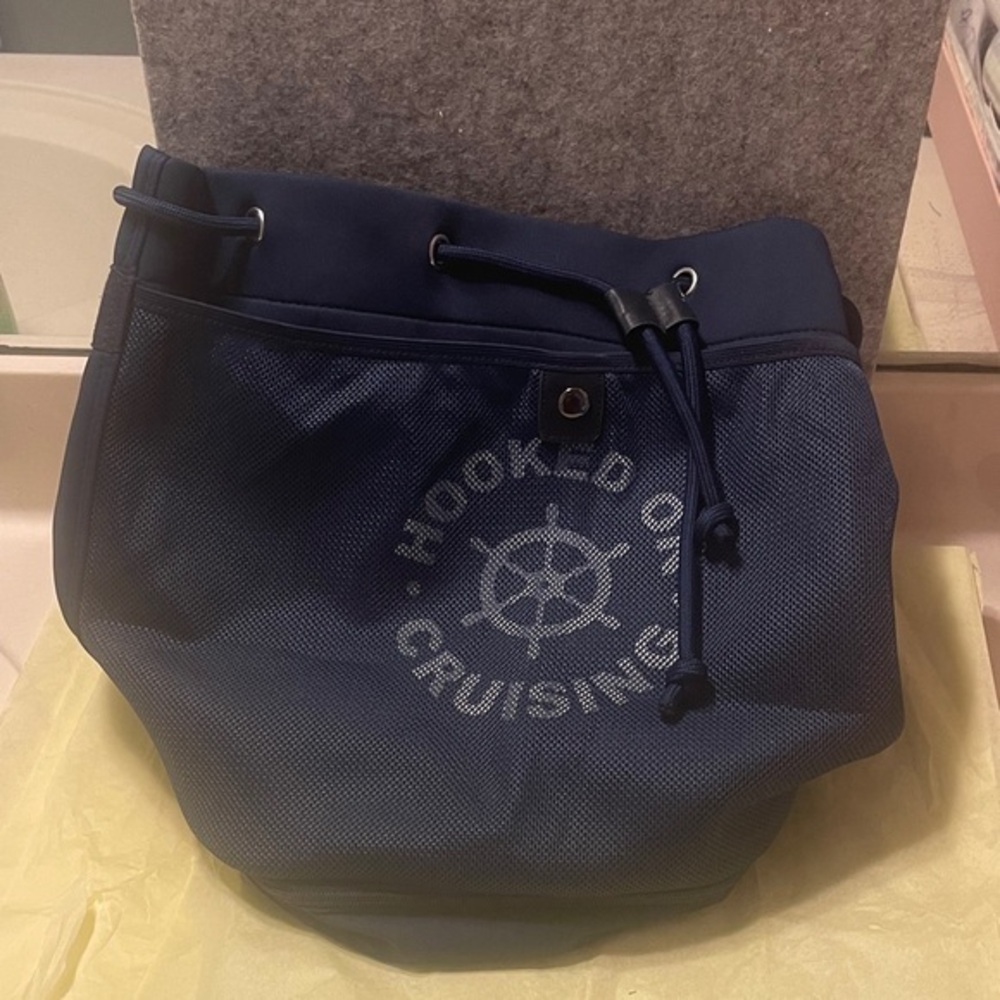 Hooked on Cruising Navy Drawstring Travel Tote